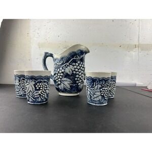 Arnel's Pottery Grapevine Pitcher and 4 cups blue 1970s cottagecore signed